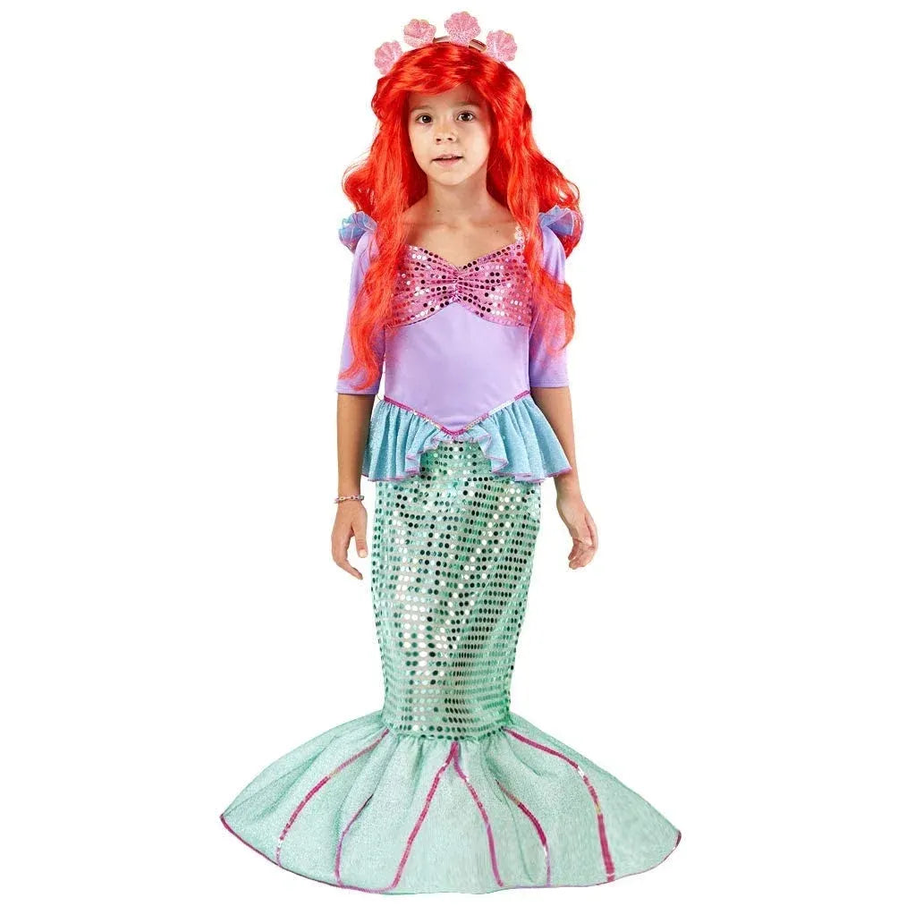 Syncfun Little Mermaid Costume for Girls, Cute Mermaid Costume Set with Red Wig for Kids Halloween Themed Party Role Playing Cosplay 3-7 Years