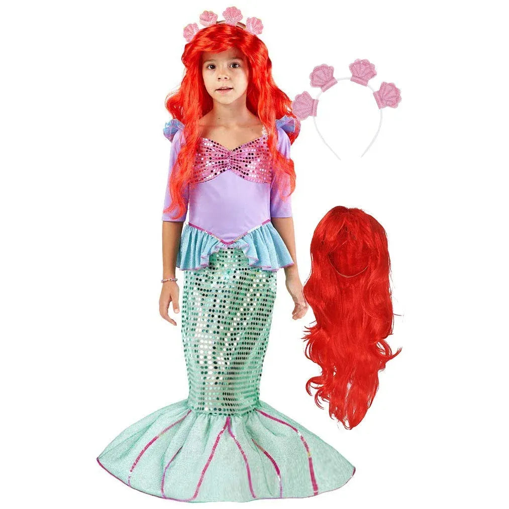 Syncfun Little Mermaid Costume for Girls, Cute Mermaid Costume Set with Red Wig for Kids Halloween Themed Party Role Playing Cosplay 3-7 Years