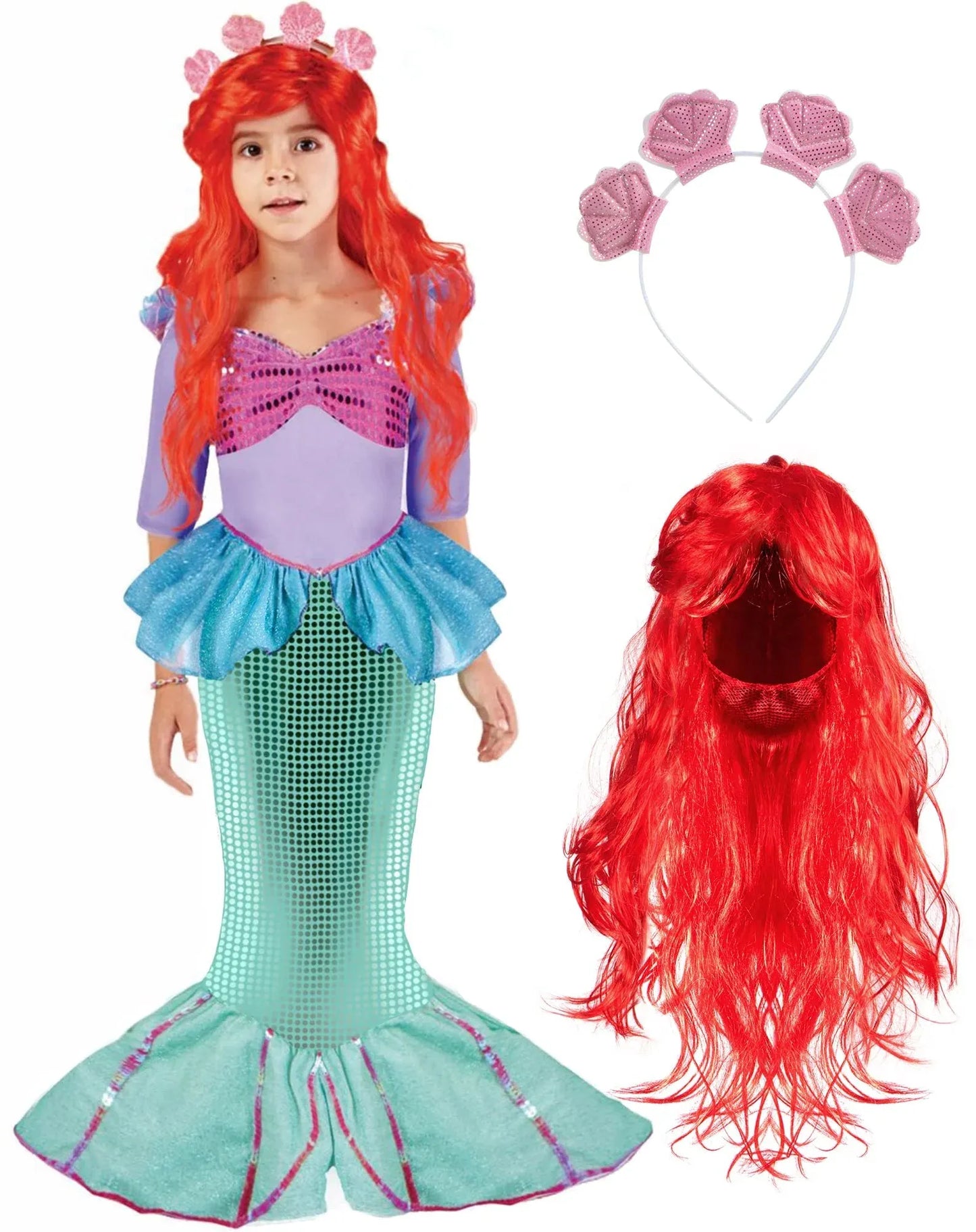 Syncfun Little Mermaid Costume for Girls, Cute Mermaid Costume Set with Red Wig for Kids Halloween Themed Party Role Playing Cosplay 3-7 Years