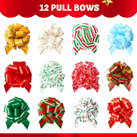 Joyfy 12 Pcs Large Christmas Pull Bows with Ribbon 4.7” Wide for Gift Wrapping and Tags, Wine Bottles, Boxing Day Decorations, Holiday Décor Present Wrapping