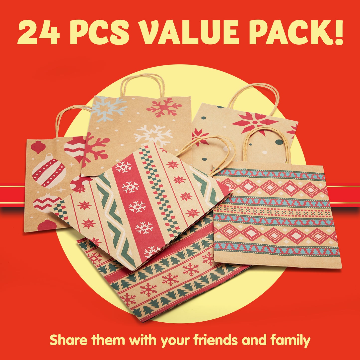 Joyfy 24 Pcs Christmas Kraft Gift Bags With Handle for Holiday Paper Gift Bags, Christmas Goody Bags, Xmas Gift Bags, School Classrooms Party Favors Supplies