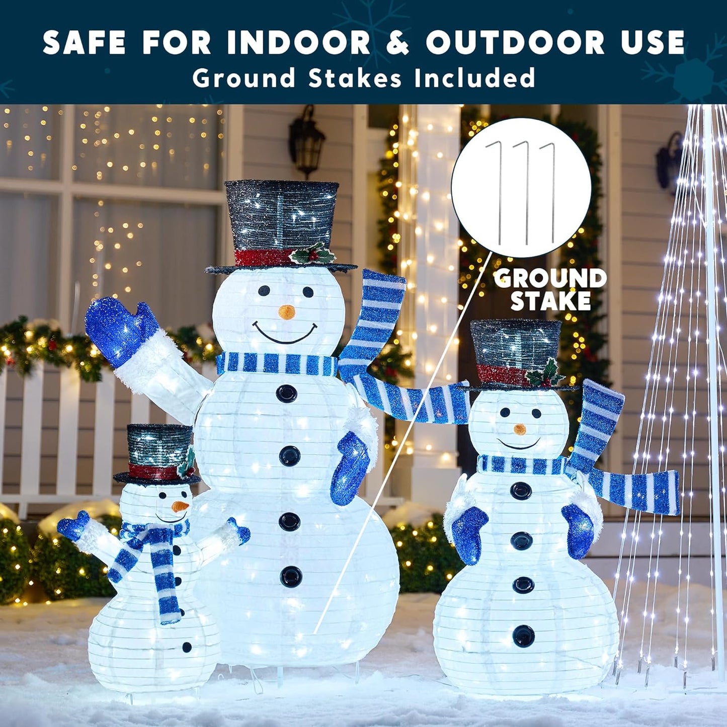 Joyfy 3 Pcs Collapsible Snowman Yard Light Christmas Outdoor Decorations,3D 270 Pre-Lit LED Snowman Christmas Decorations,Christmas Yard Light with Stakes Holiday Decor