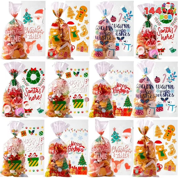 Joyfy 144 Pcs Christmas Cellophane Candy Bags, Holiday Treat Goody Cookie Clear Bags with Ribbon Ties for Festivals Presents, Party Supplies, Xmas Candy Gift, Christmas Gifts (11 x 5 inches)