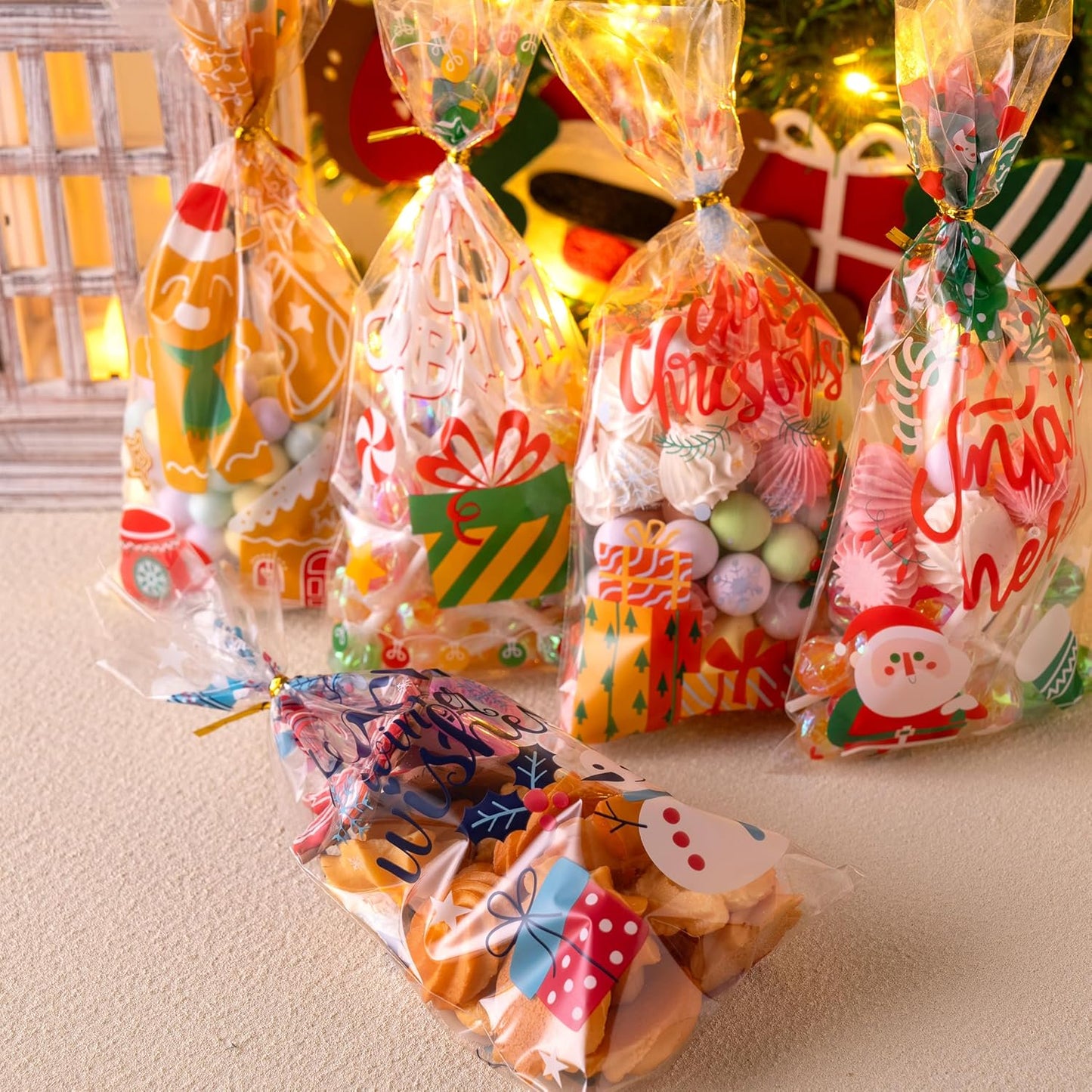 Joyfy 144 Pcs Christmas Cellophane Candy Bags, Holiday Treat Goody Cookie Clear Bags with Ribbon Ties for Festivals Presents, Party Supplies, Xmas Candy Gift, Christmas Gifts (11 x 5 inches)