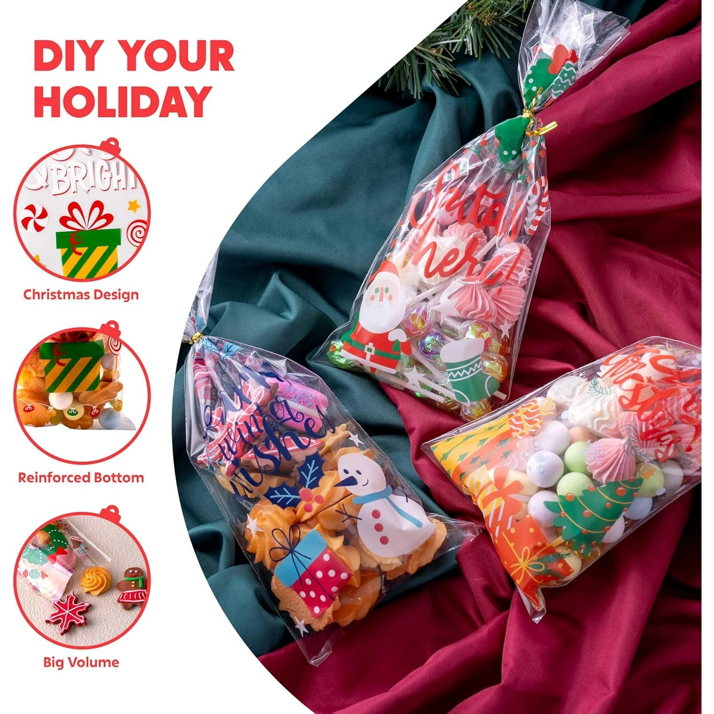Joyfy 144 Pcs Christmas Cellophane Candy Bags, Holiday Treat Goody Cookie Clear Bags with Ribbon Ties for Festivals Presents, Party Supplies, Xmas Candy Gift, Christmas Gifts (11 x 5 inches)