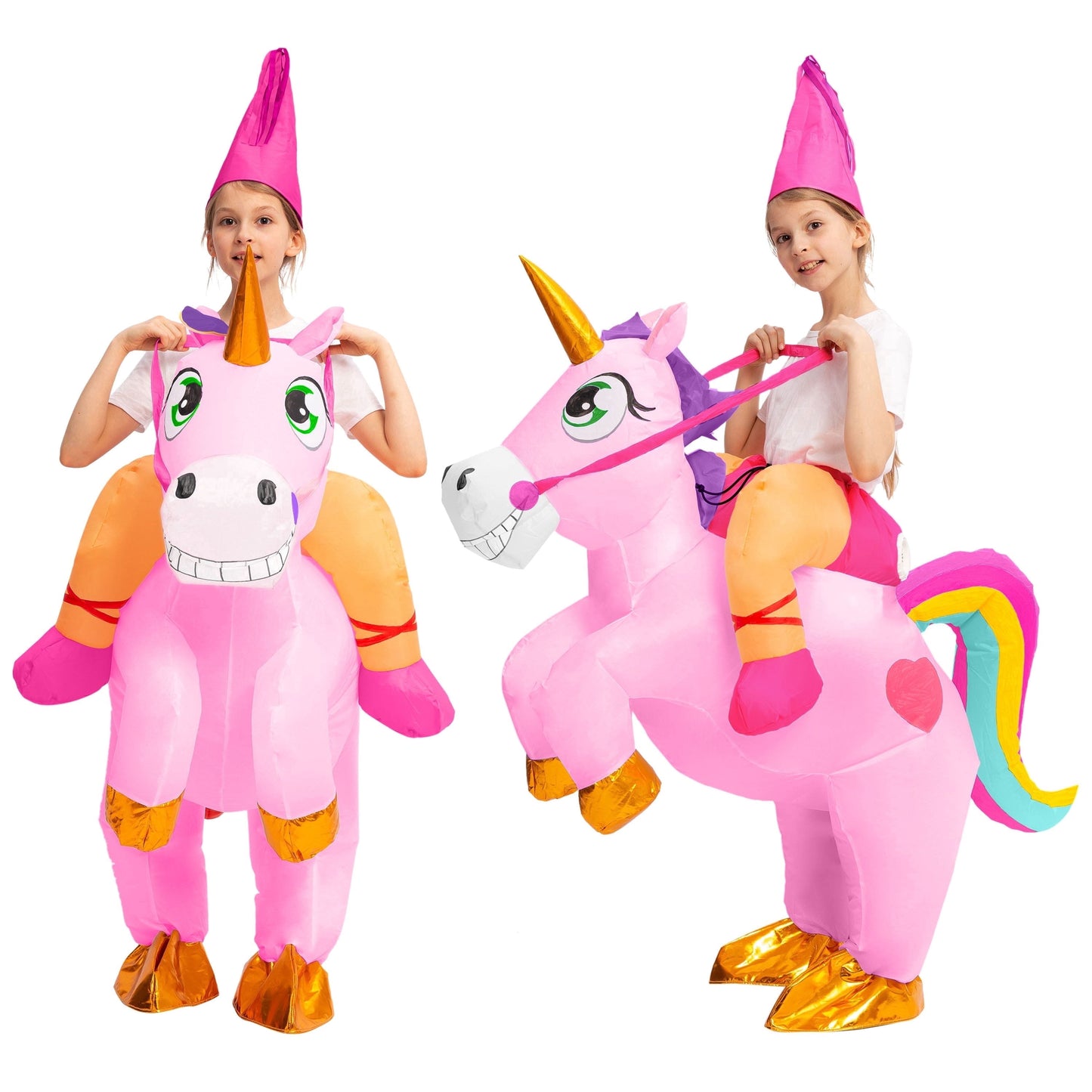 Joyfy Inflatable Ride A Unicorn Costume for Kids, Full Body Unicorn Costume with Hood for Halloween Dress Up Party