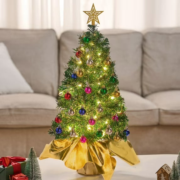 Joyfy 24" Small Christmas Tree with Lights, Table Top Christmas Tree with Star Treetop and Ornaments,Pre-lit Artificial Xmas Tree Green LED Mini Tree for Christmas Decorations
