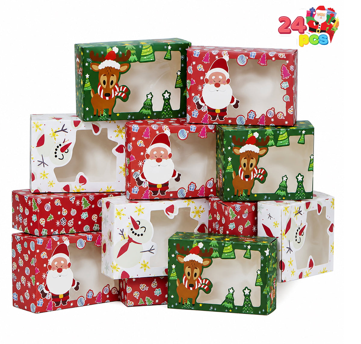 Joyfy 24 Pcs Christmas Cookie Boxes for Gift Giving, Foil Cookie Tins Holiday Treat Boxes with Window, Xmas Bakery Boxes for Pastries, Cupcakes, Cookies, Brownies, Donuts Gift Giving