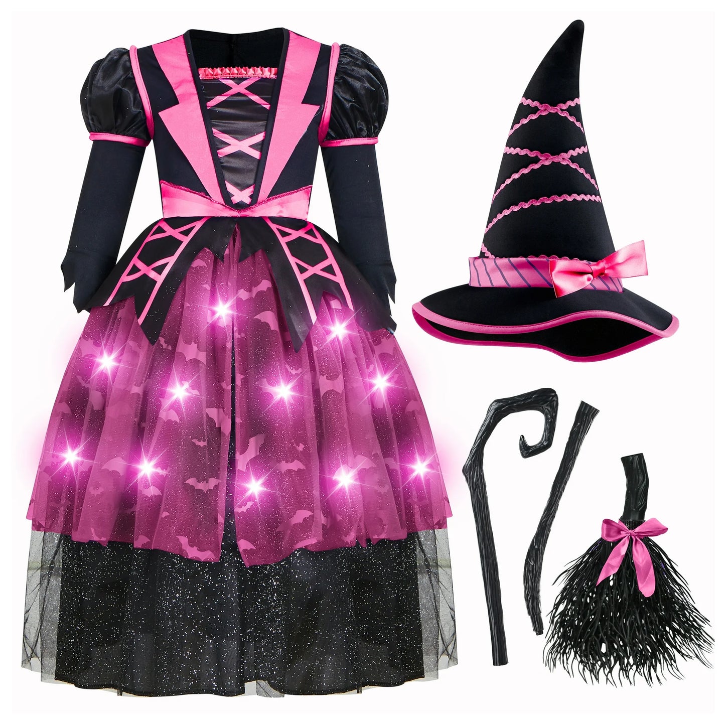 Syncfun Light Up Witch Costume Set for Girls, Starry Witch Dress with Broom Hat for Kids and Toddlers, Perfect for Halloween Party Dress-Up Cosplay Age up to 3