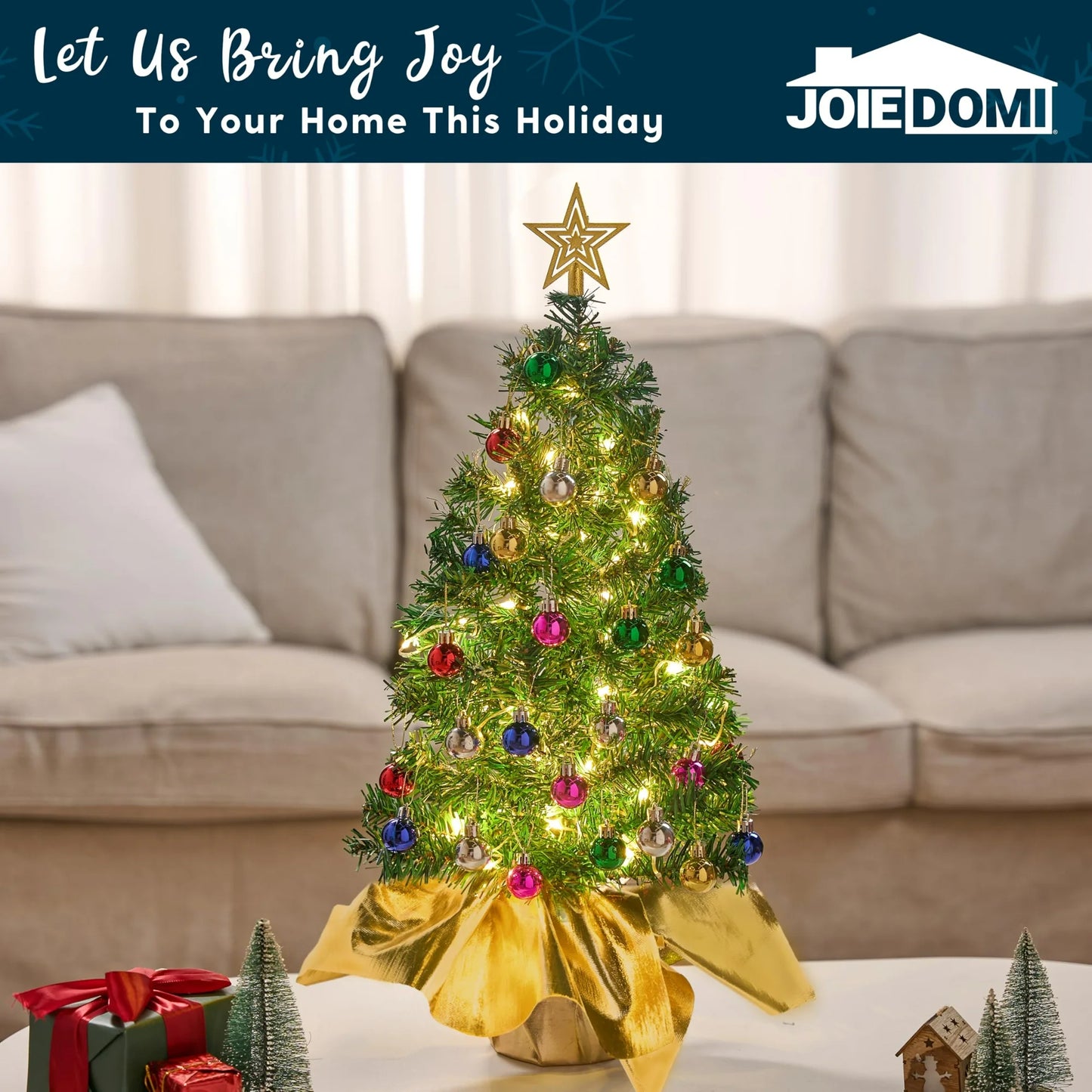 Joyfy 24" Small Christmas Tree with Lights, Table Top Christmas Tree with Star Treetop and Ornaments,Pre-lit Artificial Xmas Tree Green LED Mini Tree for Christmas Decorations