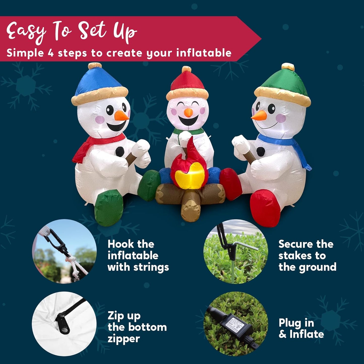 Joyfy 6 FT Christmas Inflatables Snowman Outdoor Decorations,Long Snowman with Campfire Christmas Blow Ups Yard with Built-in LEDs for Holiday Party Garden Lawn Decor