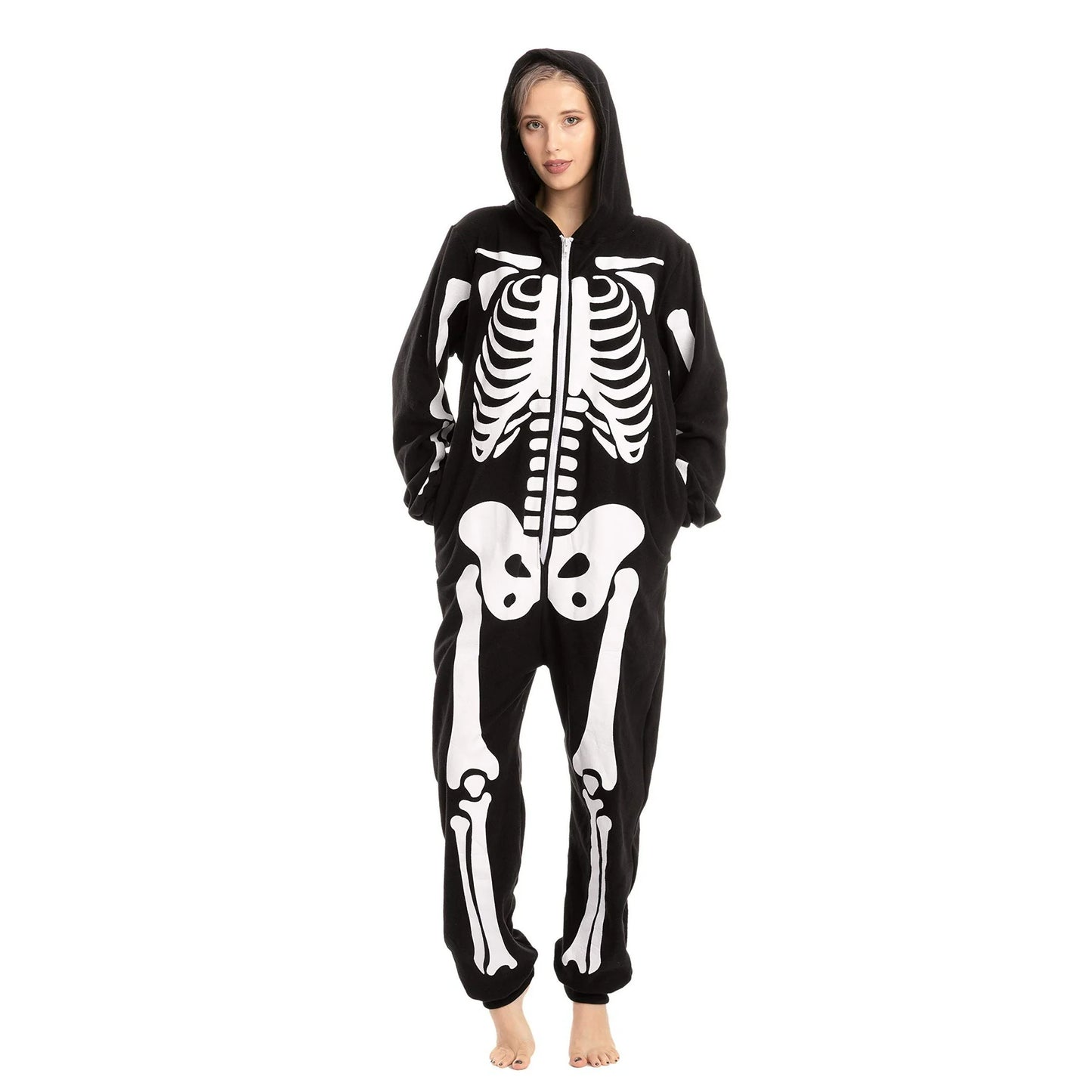 SYNCFUN Unisex Adult Skeleton Jumpsuit Pajama Zippered Halloween Hoody Sleepwear Costume(Large) Black