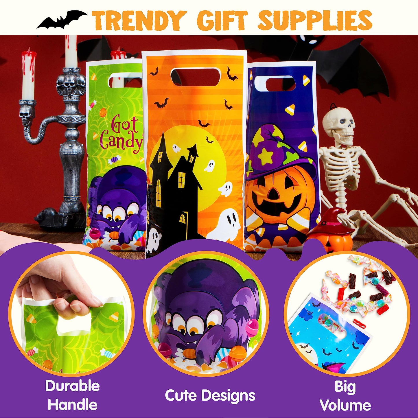 Joyfy 72 Pcs Halloween Treat Bags Goodie Bags Plastic Halloween Candy Bags Trick or Treat Creepy Designs Halloween Bags for Kids Trick or Treat,Classroom Goody Bags