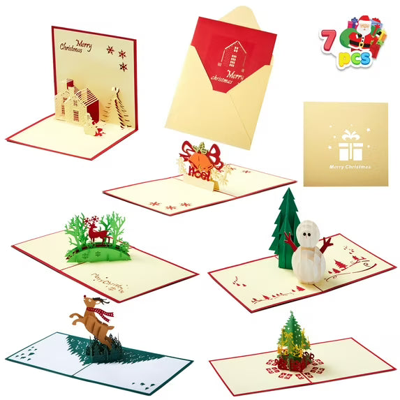 Joyfy 7 Pack 3D Greeting Pop up Christmas Cards, Cards with Unique Designs and Envelopes 6" x 6" for Winter Merry Christmas Season Present