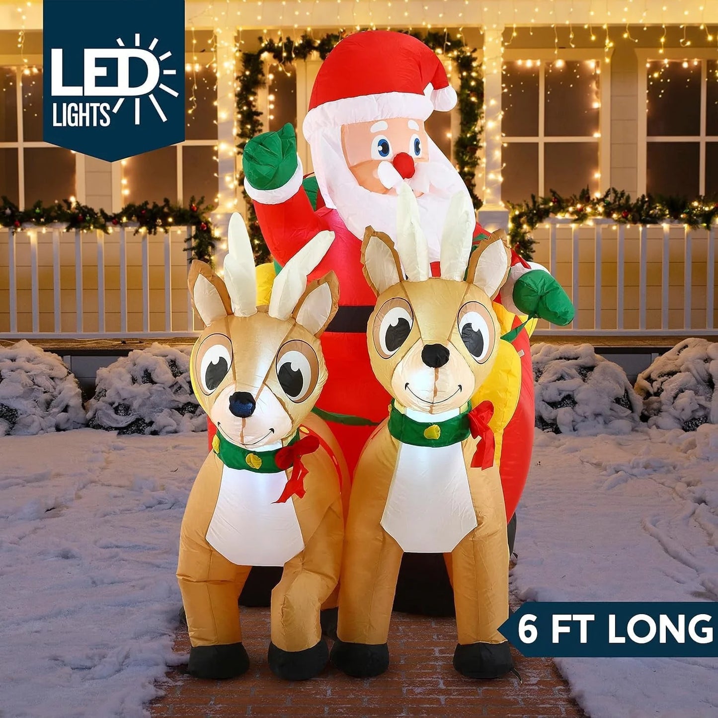 Joyfy 6ft Christmas Inflatables Santa on Sleigh with 2 Reindeer Outdoor Decorations,Christmas Blow Ups Yard with Built-in LEDs for Holiday Party Garden Lawn Decor
