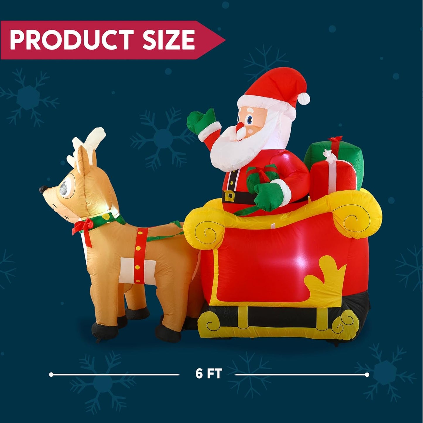 Joyfy 6ft Christmas Inflatables Santa on Sleigh with 2 Reindeer Outdoor Decorations,Christmas Blow Ups Yard with Built-in LEDs for Holiday Party Garden Lawn Decor