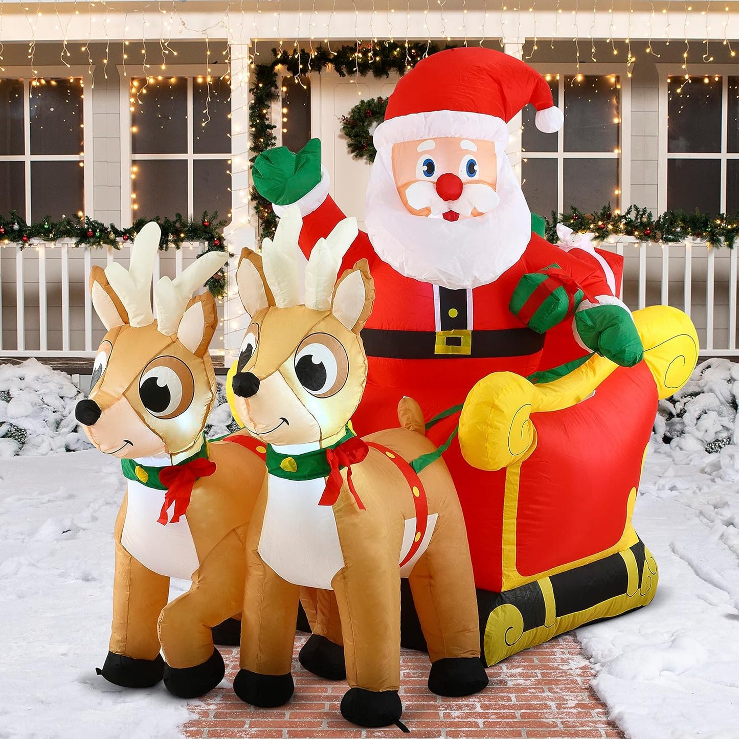 Joyfy 6ft Christmas Inflatables Santa on Sleigh with 2 Reindeer Outdoor Decorations,Christmas Blow Ups Yard with Built-in LEDs for Holiday Party Garden Lawn Decor
