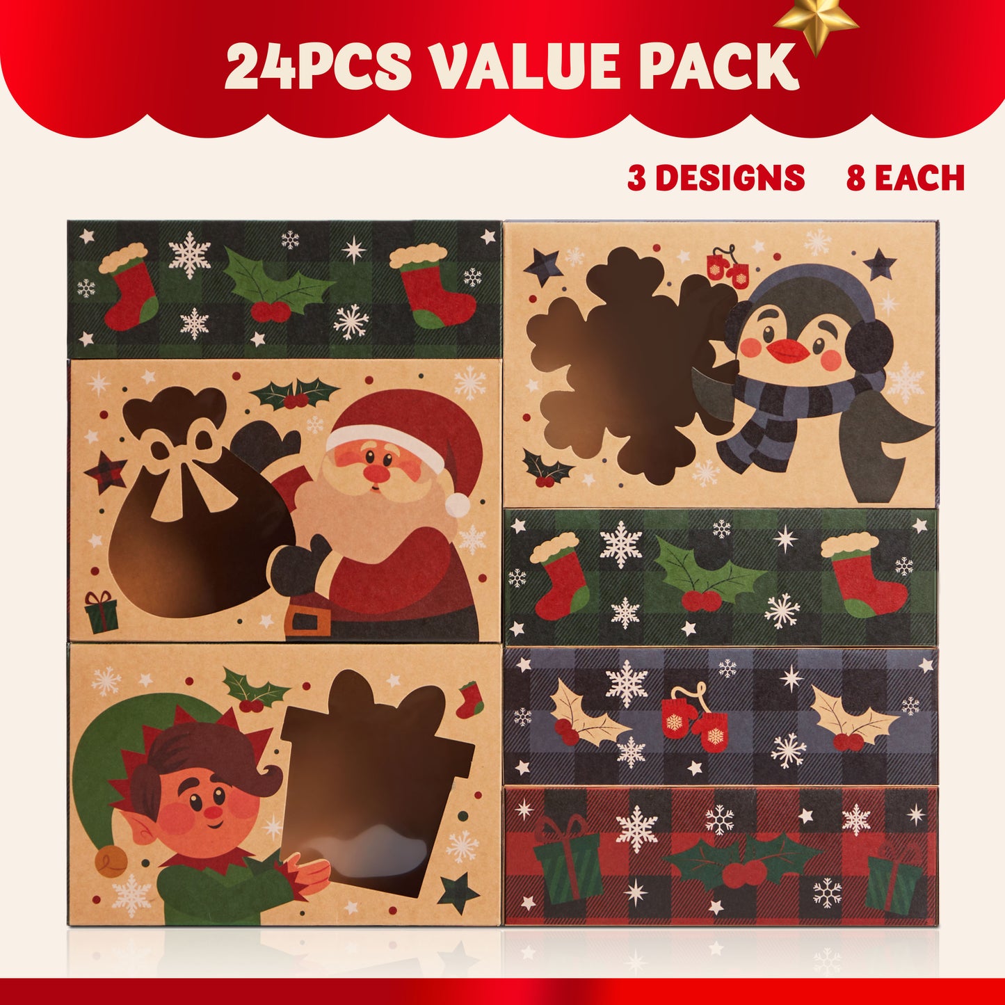 SYNCFUN 24 Pcs Christmas Cookie Boxes with Window, 8.5" x 5.75" x 2.75" Colorful Patterns Hollowed Out Kraft Bakery Gift Box for Holiday, Pastries, Cupcakes, Brownies, Donuts Gift-Giving