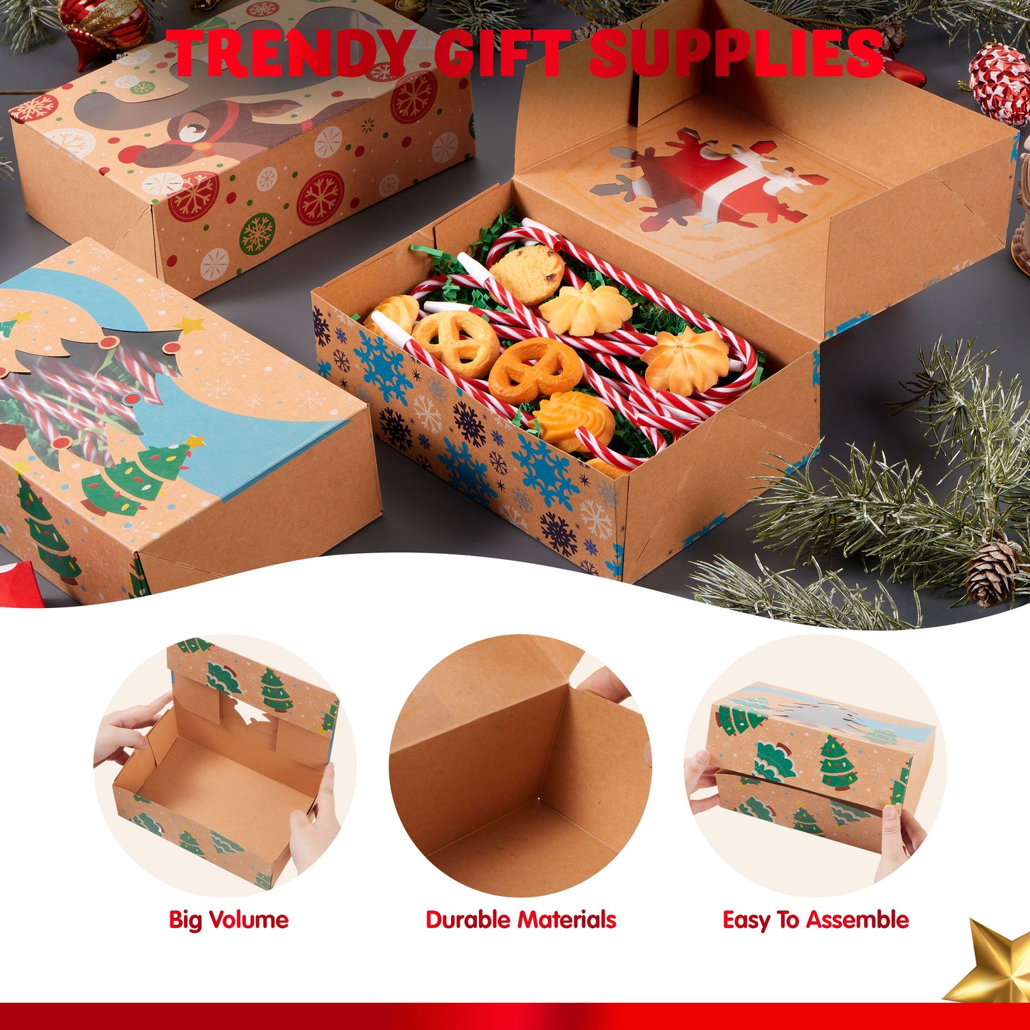 Joyfy 12 Pcs Foiled Christmas Cookie Boxes with Window 8.5" x 5.75" x 2.75", Treat Boxes for Pastries, Cupcakes, Brownies, Gift-Giving, Doughnut and Cookie, Brown Kraft Bakery Boxes