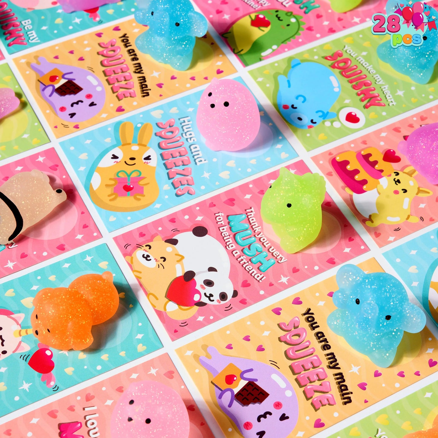 28 Packs Gift Cards with Glitter Mochi Squishy Toys, Stress Relief Fidget Toys, Cute Squeeze Toys for Kids Valentine’s Party Favor, Classroom Exchange Prizes, Exchange Gifts and Greeting Cards