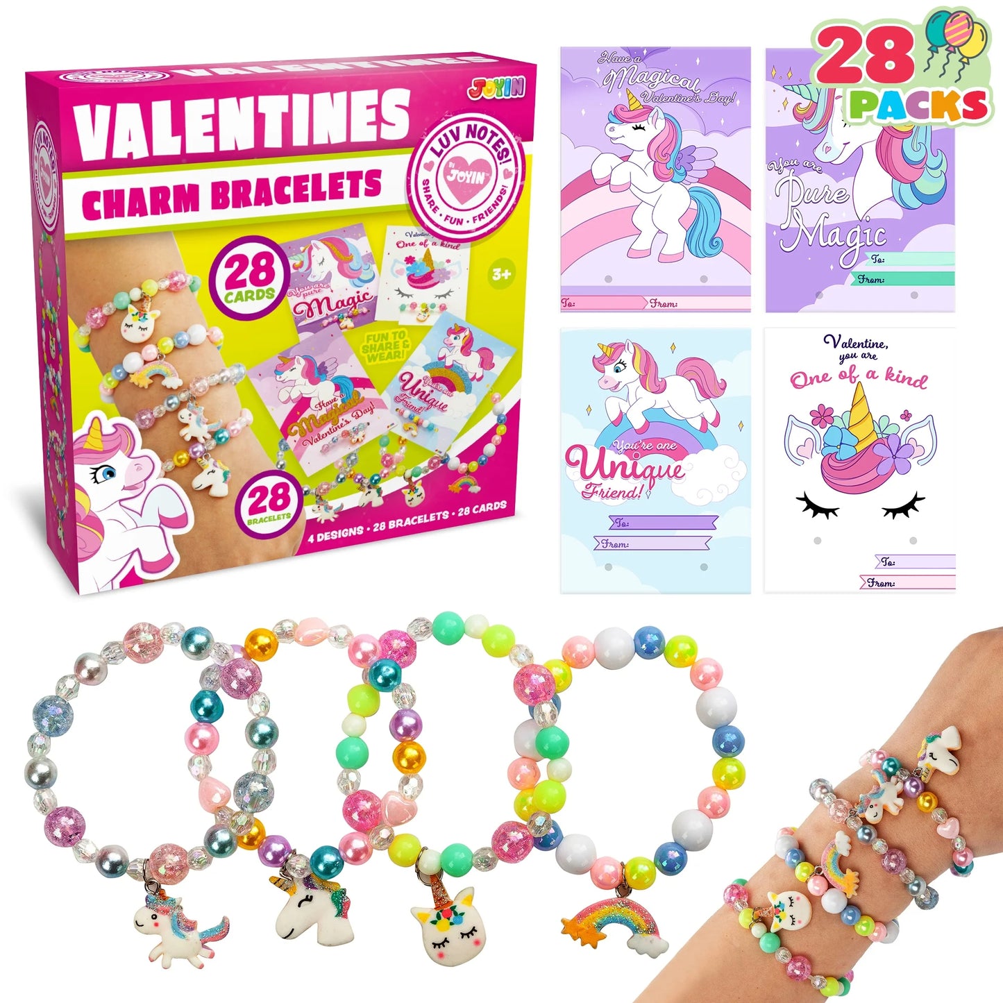 28 Packs Valentines Day Cards with Unicorn Bracelets for Kids, Valentines School Classroom Exchange Cards, Valentines Party Favors