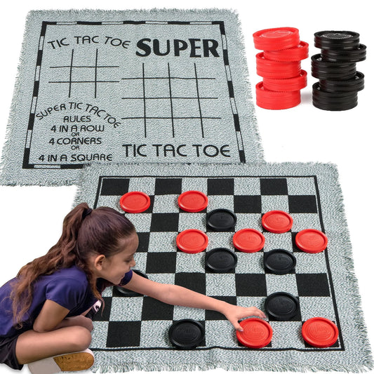 Syncfun 3 in 1 Vintage Giant Checkers, Tic Tac Toe Game with Reversible Mat, 24 Chips, Family Board Free Lawn Game, Indoor and Outdoor Activity for Kids and Adults