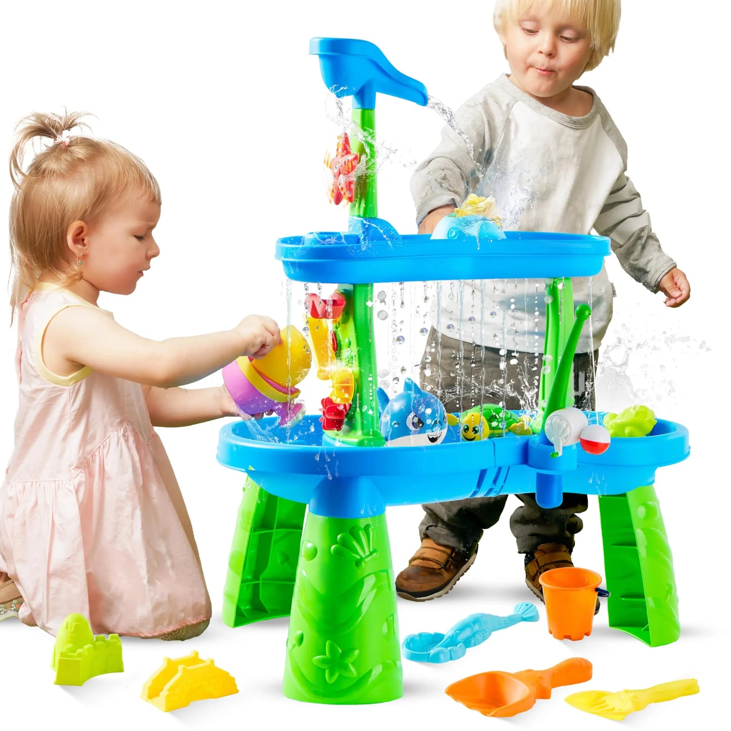 Syncfun Water Table for Toddlers, 3-Tier Water Sand Table Outdoor Play Toys for Kids Ages 2 3 4 5, Activity Sensory Tables for Summer Beach Backyard Activities, 26" x 17" x 30"