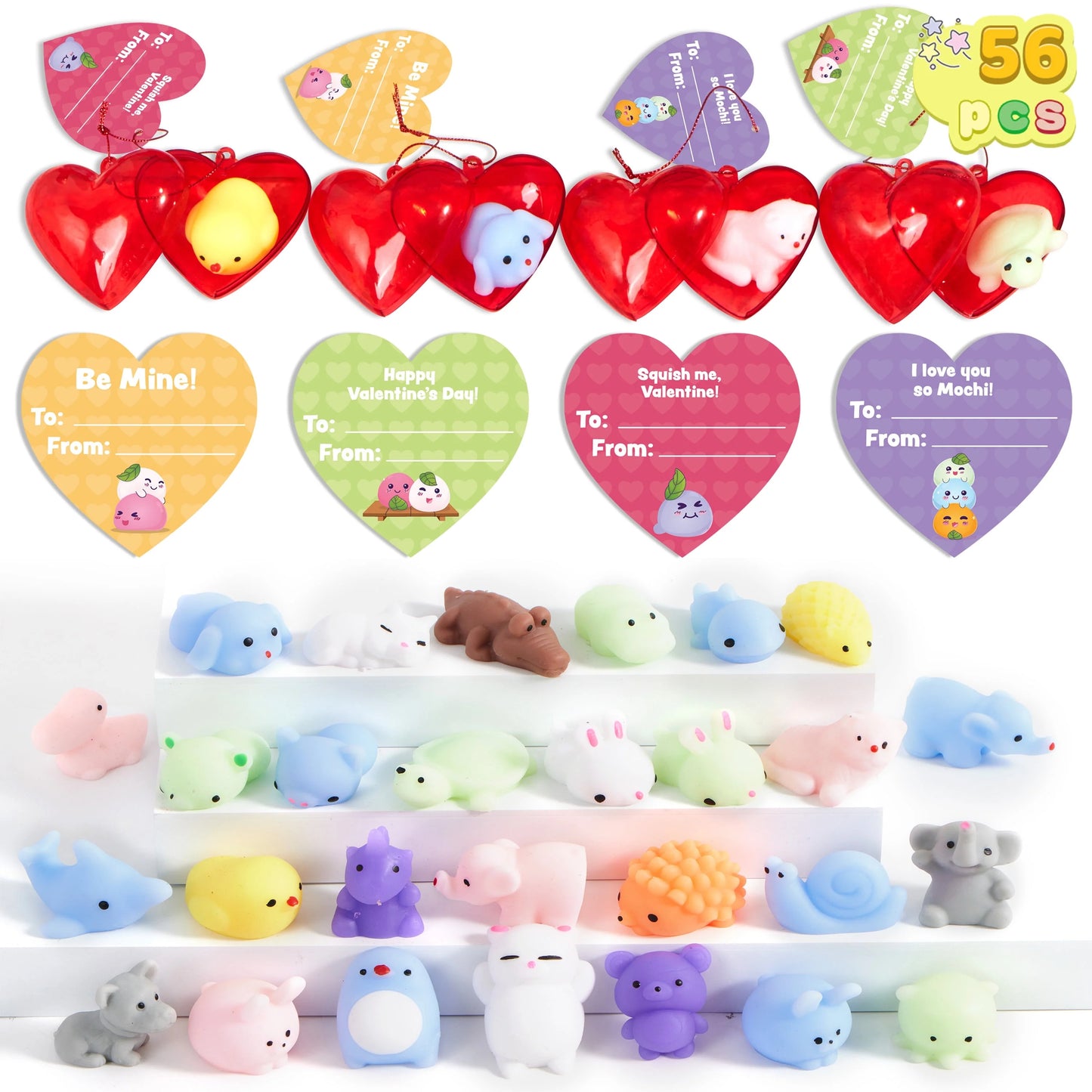 56 Pcs Valentines Cards for Kids (28 Mochi Squishy and 28 Cards),Valentine Kawaii Stress Relief Mochi Squishy Toys Filled Hearts for Kids Classroom Exchange Cards Gifts pack