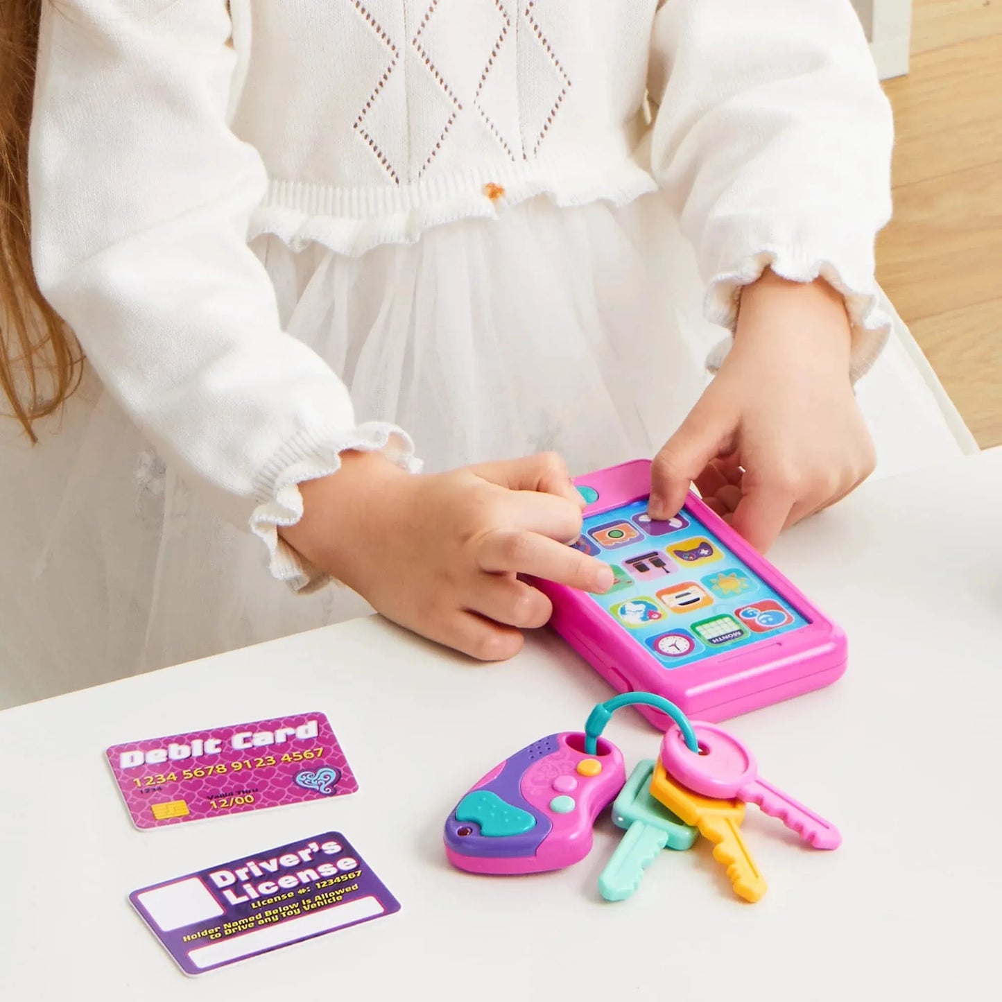 Play-act Pretend Play Smart Phone, Keyfob Key Toy and Credit Cards Set, Kids Toddler Cellphone Toys for 1 2 3 4 5 Year Old