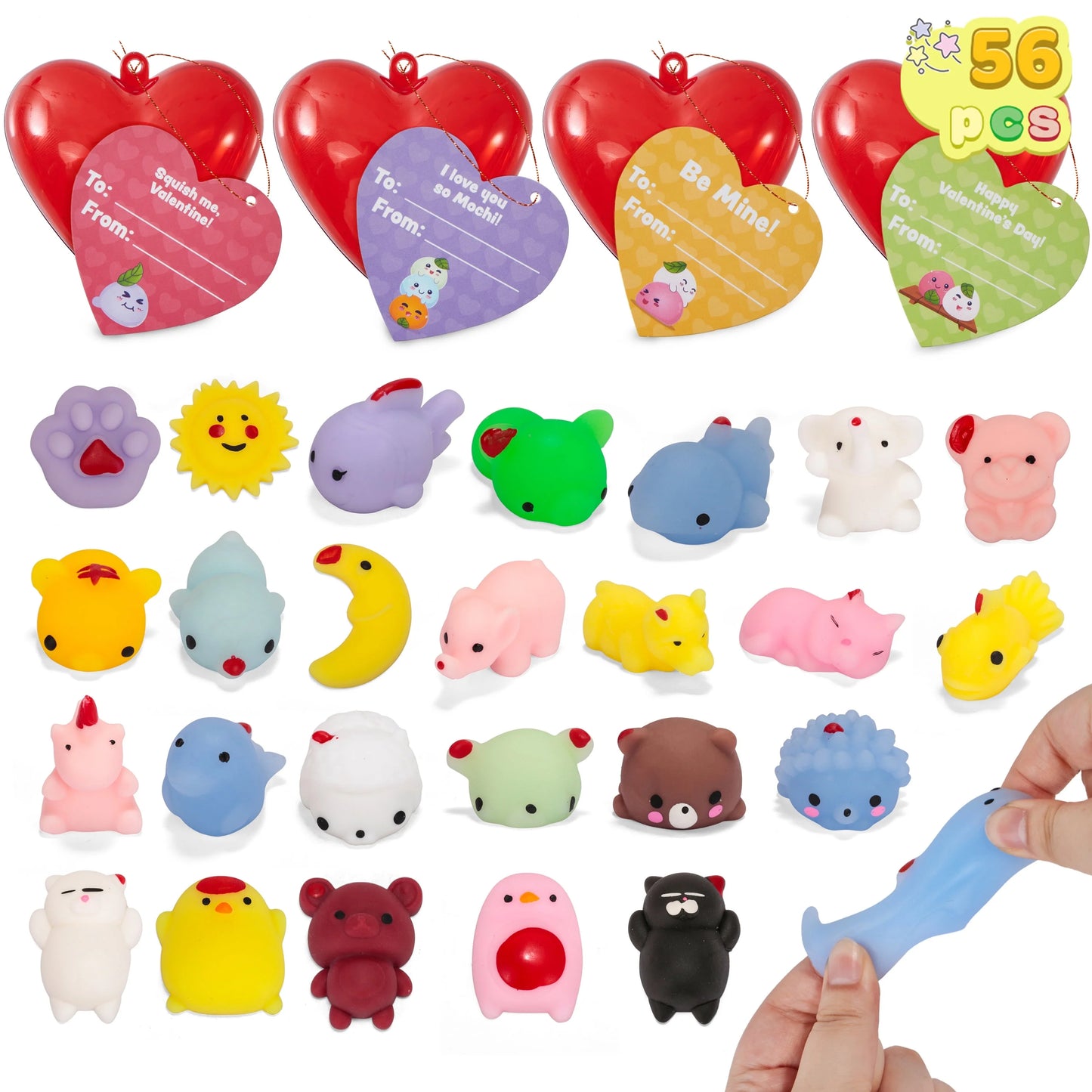 56 Pcs Valentines Cards for Kids (28 Mochi and 28 Cards),Stress Relief Mochi Squishy Toys Filled Hearts for Kids Classroom Exchange Cards,Game Prizes Gifts