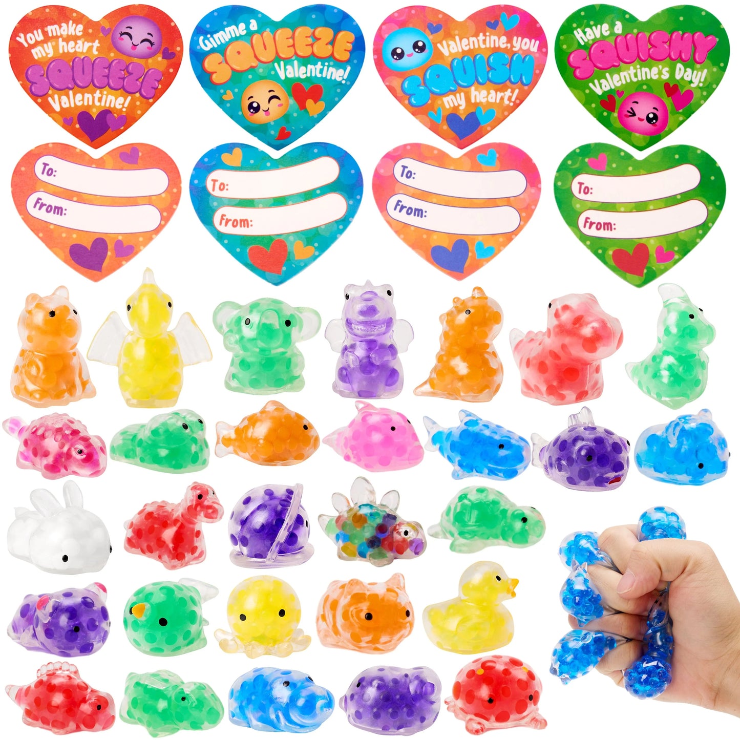 36 Packs Valentine’s Day Heart Gift Cards with Jelly Mochi Squishy Toys, Mini Critter Squeeze Balls, Stress Relief Fidget Toys for Valentine‘s Party Favors and Classroom Exchange