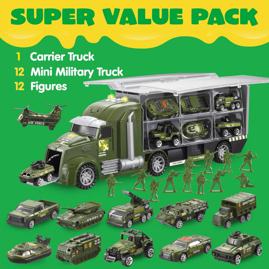 25 in 1 Green Military Big Truck Toys, Army Tanks Set with Soldier Men, Mini Battle Car Toy in Carrier Truck with Lights and Sounds, Gifts for Toddler Kids Boys