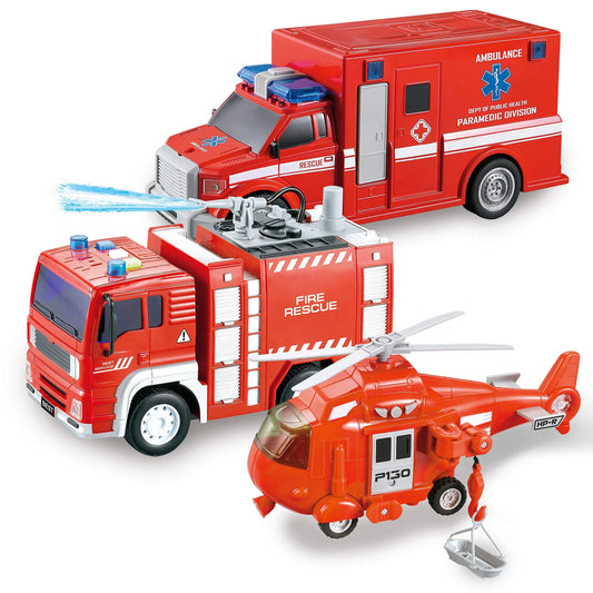 3 in 1 Fire Truck Toys, Friction Powered Play Fire Rescue Car Set with Light and Sound, Including Fire Rescue Truck, Helicopter Toy, Play Ambulance, Kids Toddler Boys Girls Birthday Easter Gifts