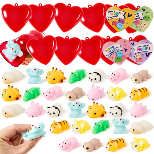30 Packs Valentine’s Day Heart Gift Cards with Mix Critter Mochi Squishy Toys and Heart Shells, Stress Relief Fidget Toys, Squeeze Toys for Kids Valentine‘s Party Favors and Classroom Exchange