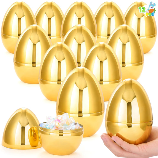12-Pack Giant Golden Eggs, 6 Inch Metal Plastic Easter Eggs, Fillable Surprise Empty Eggs for Easter Egg Hunt Game