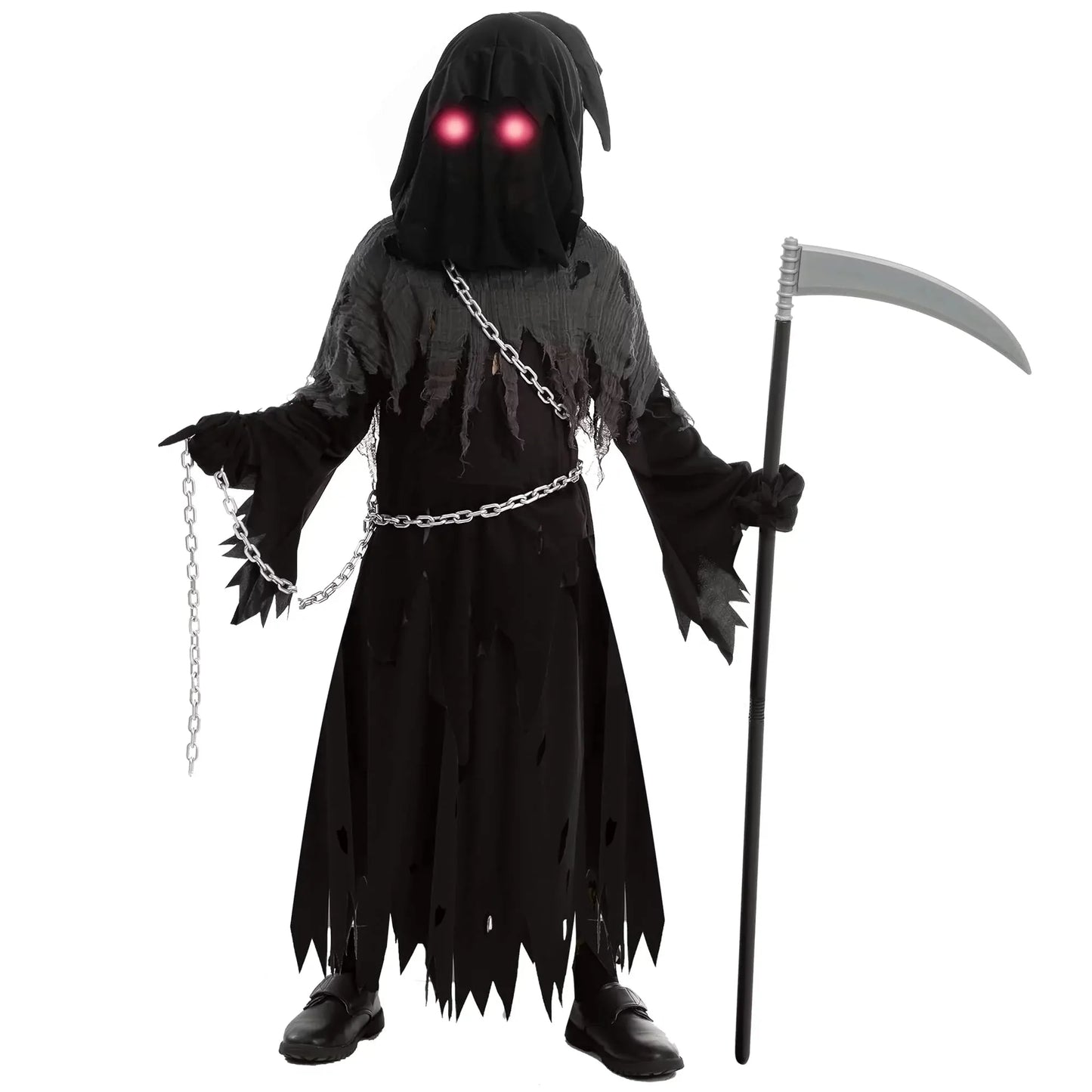 Syncfun Child Unisex Glowing Eyes Grim Reaper Costume for Creepy Phantom Halloween Costume, Large