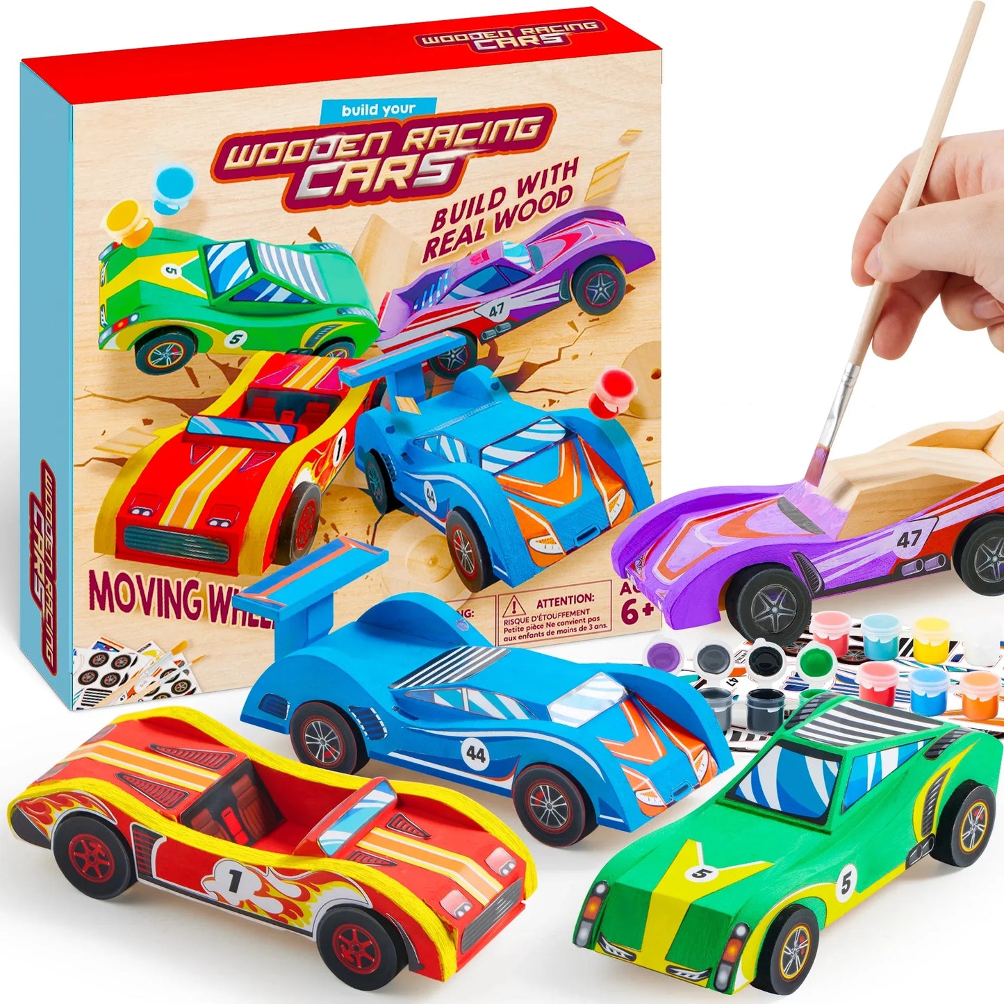 Syncfun 4Pcs Painting Kits For Kids, Paint Your Own Wooden Race Cars Toy, Easy To Assemble Arts & Crafts Kit, Birthday Party Presents For Kids Boys Ages 6 8 10 12