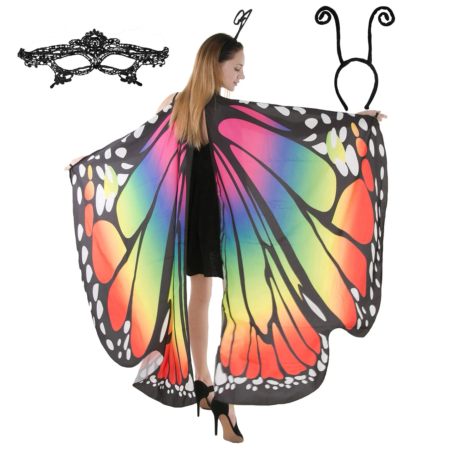 Syncfun Butterfly Wing Cape Shawl with Lace Mask and Black Velvet Antenna Headband
