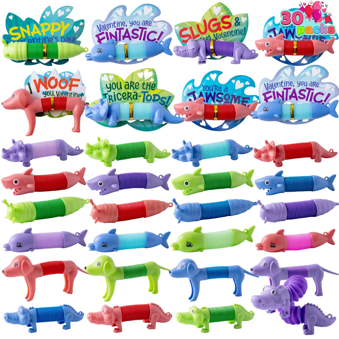30 Packs Valentine’s Day Gift Cards with Critter Pop Tubes, Stress Relief Fidget Toys, Telescopic Tube Toys for Kids Valentine's Party Favors, Classroom Gift Exchange and Goodie Bag Filler