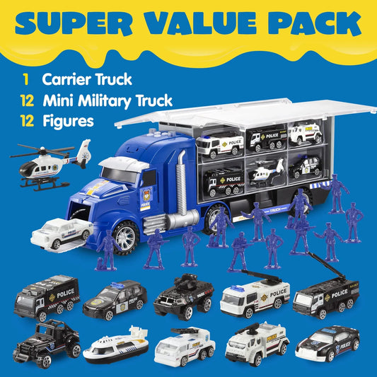 25 in 1 Die-cast Police Rescue Truck Car Toy Set with Sounds and Lights, Mini Police Vehicles in Carrier Truck, Play Police Patrol Rescue Vehicle Toy, Birthday Gifts for Over 3 Years Old Boys