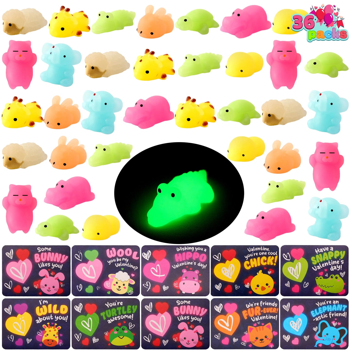 36 Packs Valentine’s Day 9-Design Gift Cards with Glow in Dark Mochi Squishy Toys, Stress Relief Fidget Toys, Glowing Squeeze Toys for Kids Valentine's Party Favors and Classroom Exchange
