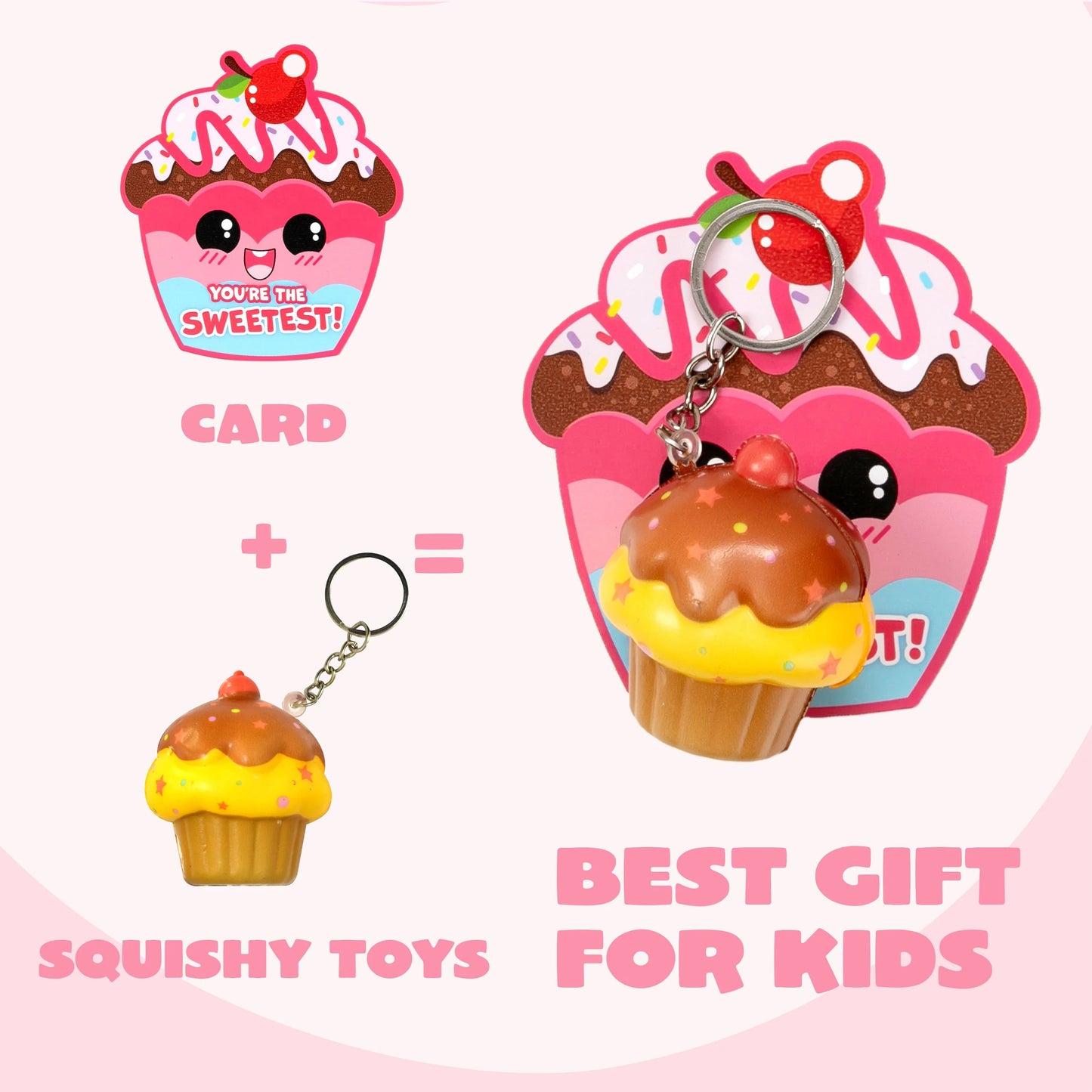 28 Packs Dessert Squishy Toys Stress Relief Keychains with Cards for Classroom Exchange Prizes, Fidget Toy Valentine’s Greeting Cards, Valentine Party Favors, Valentine Exchange Gifts