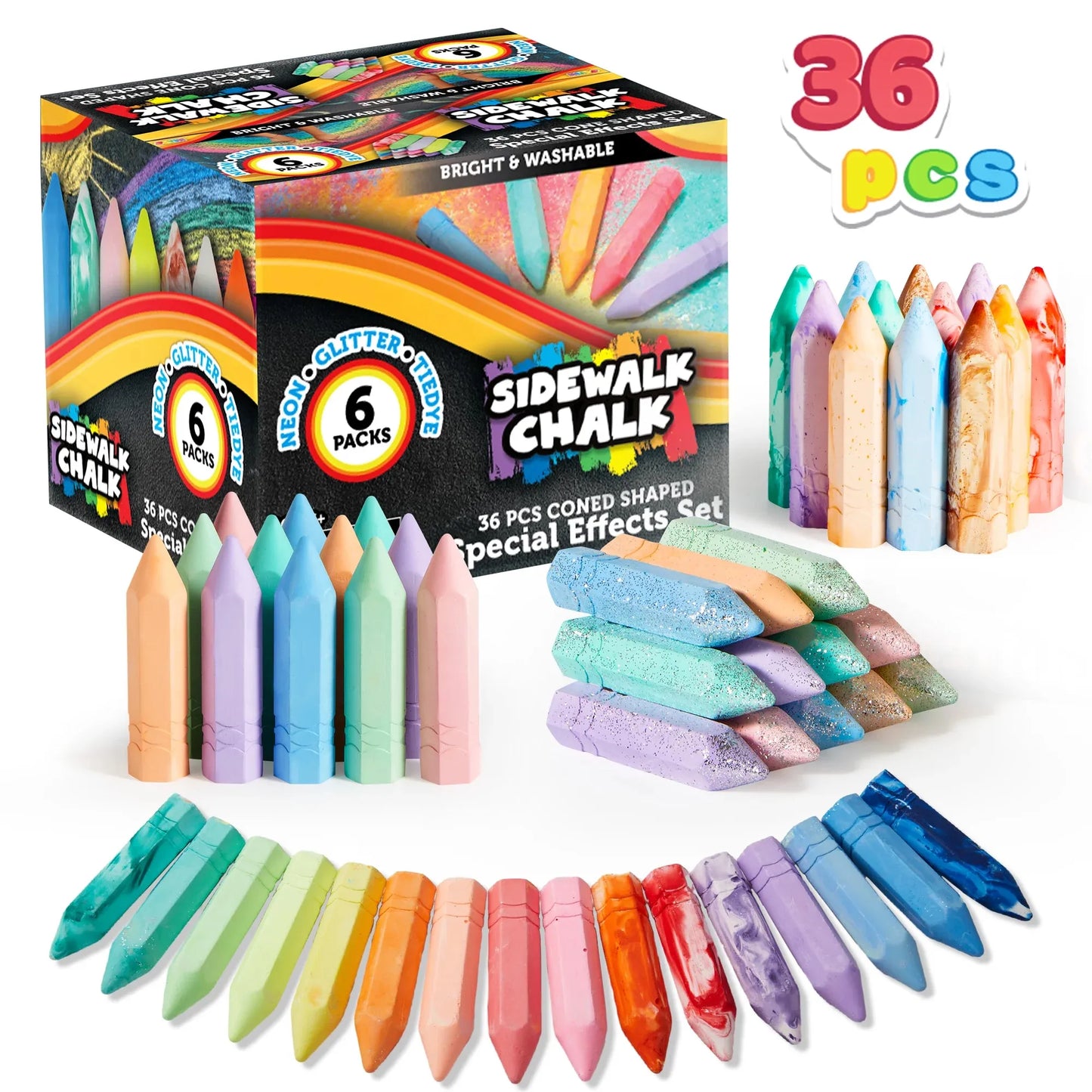 Syncfun 36 Pcs Sidewalk Chalk For Kids,12 Tie Dye Sidewalk Chalks, 12 Glitter Chalks And 12 Neon Color Chalks, Street Chalk Set For Painting, Drawing