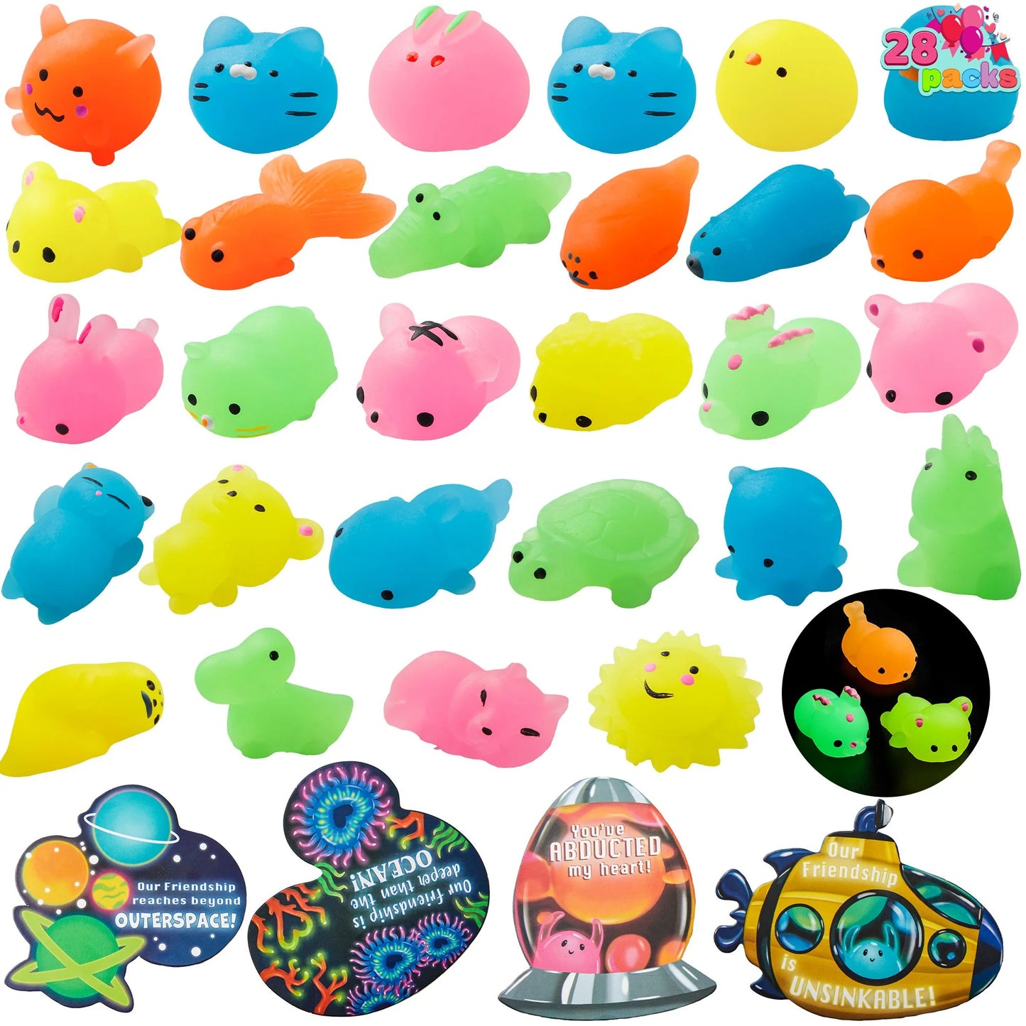 28 Packs Valentines Day Gift Cards with Mochis, Glow in The Dark Mochi squishy toys, Stress Relief Fidget Toys for Kids Valentine's Classroom Exchange, Party Favors, School Prizes