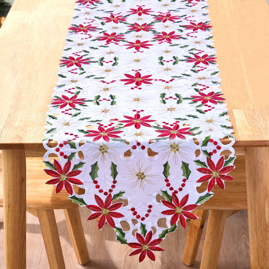 Joiedomi Christmas Flower Table Runner, Embroidered Poinsettia Holly Leaf Table Runner for Christmas Decorations