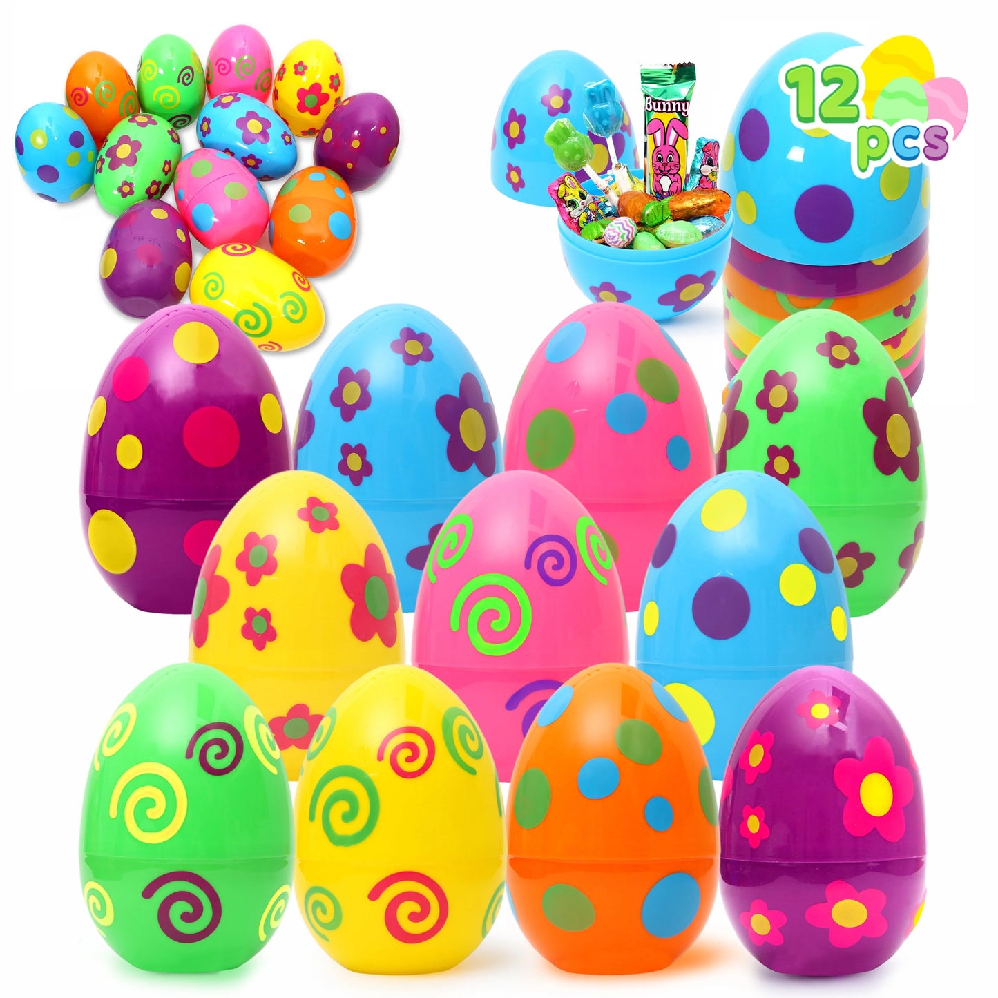 12 Pcs Jumbo Easter Eggs, 6 Inches Printed Plastic Large Easter Eggs Empty for Hunt, Basket Stuffers/Fillers, Filling Treats, Party Favors Supplies, Classroom Prizes
