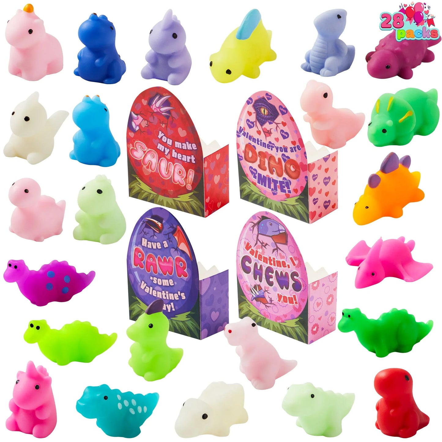 28 Packs Valentine Stress Relief Dinosaur Mochi Toys with 4-Design Boxes Party Favors Set for Kids Valentine Classroom Exchange, Holiday Party, Game Prizes and Gift Basket Stuffers