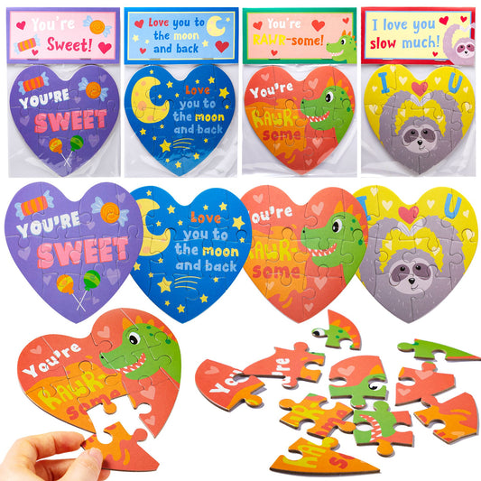 28 Pack Valentine's Day Gift Cards with Heart Jigsaw Puzzle Set for Valentine's Classroom Exchange Prizes Valentine Party Favor Toys