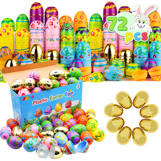72Pcs 3" Plastic Printed Easter Egg with Golden Eggs for Easter Egg Hunt Event, Party Favor Goodie Bags, Scene and Decoration, School Classroom Prizes