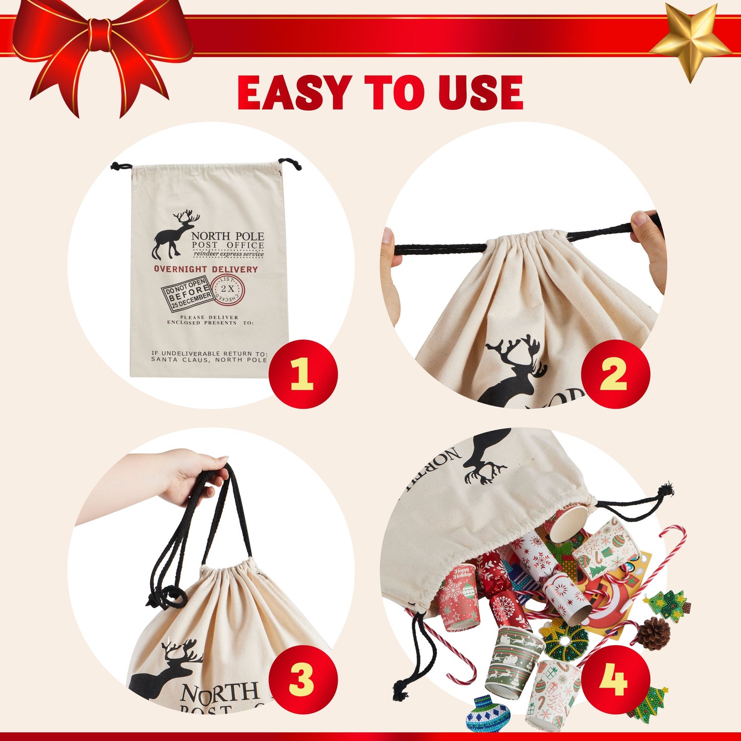 Joyfy 3 Pcs Santa Burlap Sack Christmas Gift Bags with Drawstring 26" x 19" for Large Xmas Package Storage, Event Party Supplies, Christmas Party Favors